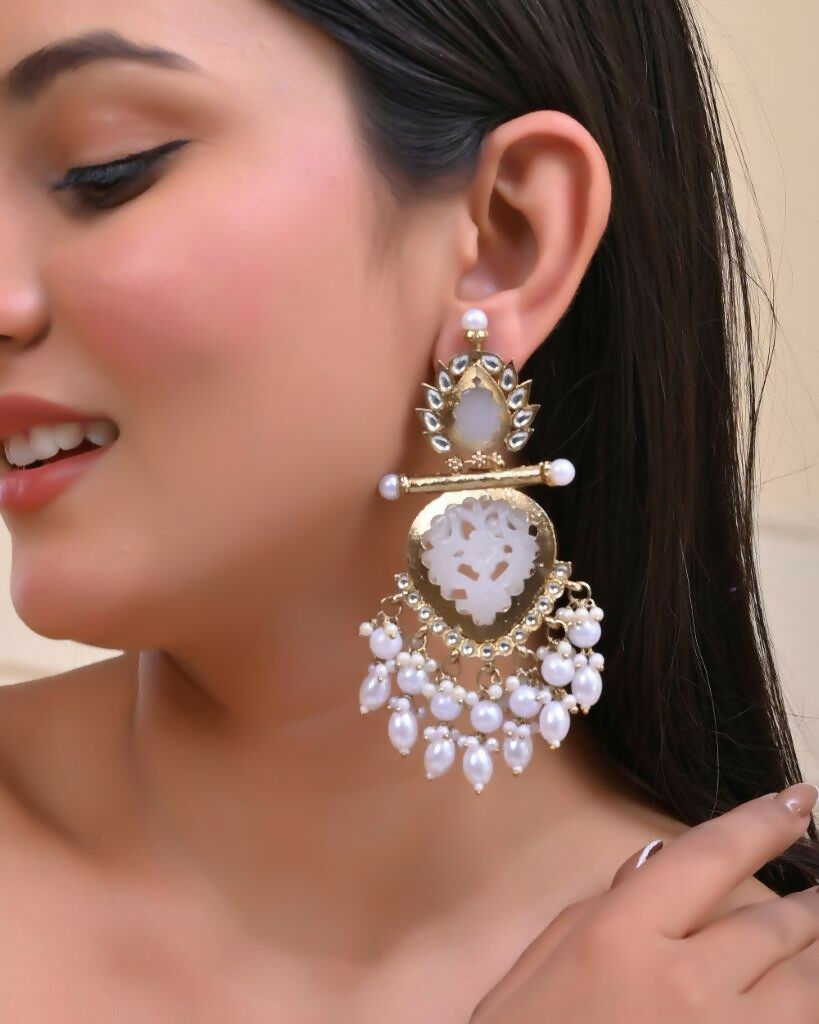 VOJ Gold-Polished White Colour Drop And Dangle Statement Earrings
