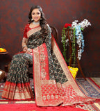 Vastranavya Black Soft Patola Silk With Meenakari Weaving Motifs And Rich Zari Weaving Pallu Saree With Matching Blouse Fabric | Grocsy