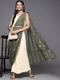 Ahalyaa Off White & Olive Green Ethnic Maxi Dress with Attached Dupatta | Grocsy