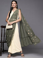 Ahalyaa Off White & Olive Green Ethnic Maxi Dress with Attached Dupatta | Grocsy