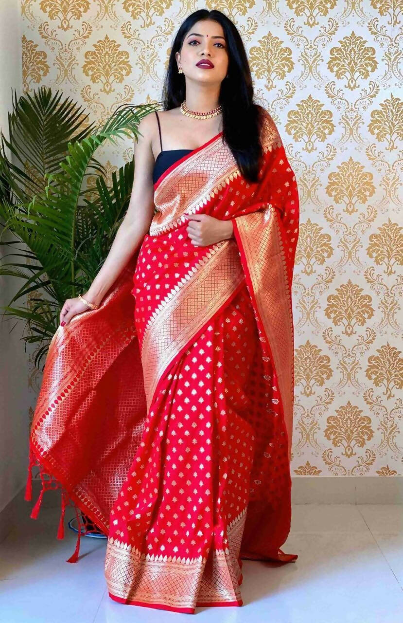 DEIANA'S Beautiful Designer Golden zari Soft Lichi Silk Saree - Red | Grocsy