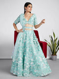 House of Panchhi Turquoise Blue Organza Sequins, Zarkan And Thread Embroidery Lehenga Choli & Dupatta | Grocsy