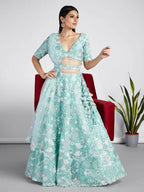 House of Panchhi Turquoise Blue Organza Sequins, Zarkan And Thread Embroidery Lehenga Choli & Dupatta | Grocsy