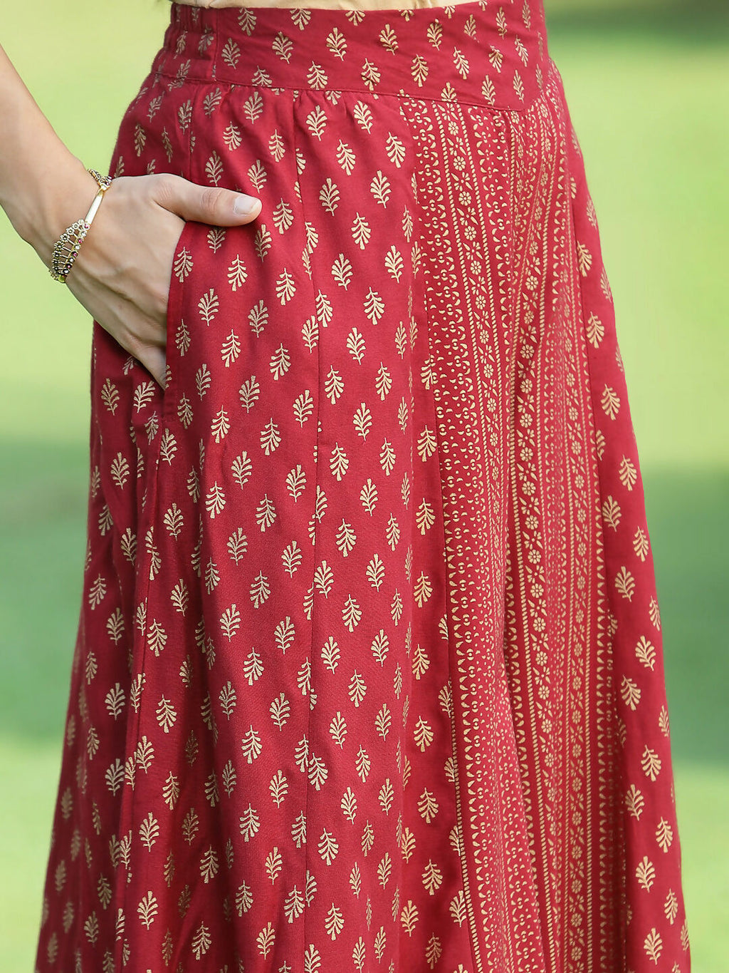 Juniper Jade Green Ethnic Motif Printed Rayon High-Slit Kurta & Palazzo Set With Thread Work Embroidery | Grocsy