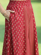 Juniper Jade Green Ethnic Motif Printed Rayon High-Slit Kurta & Palazzo Set With Thread Work Embroidery | Grocsy