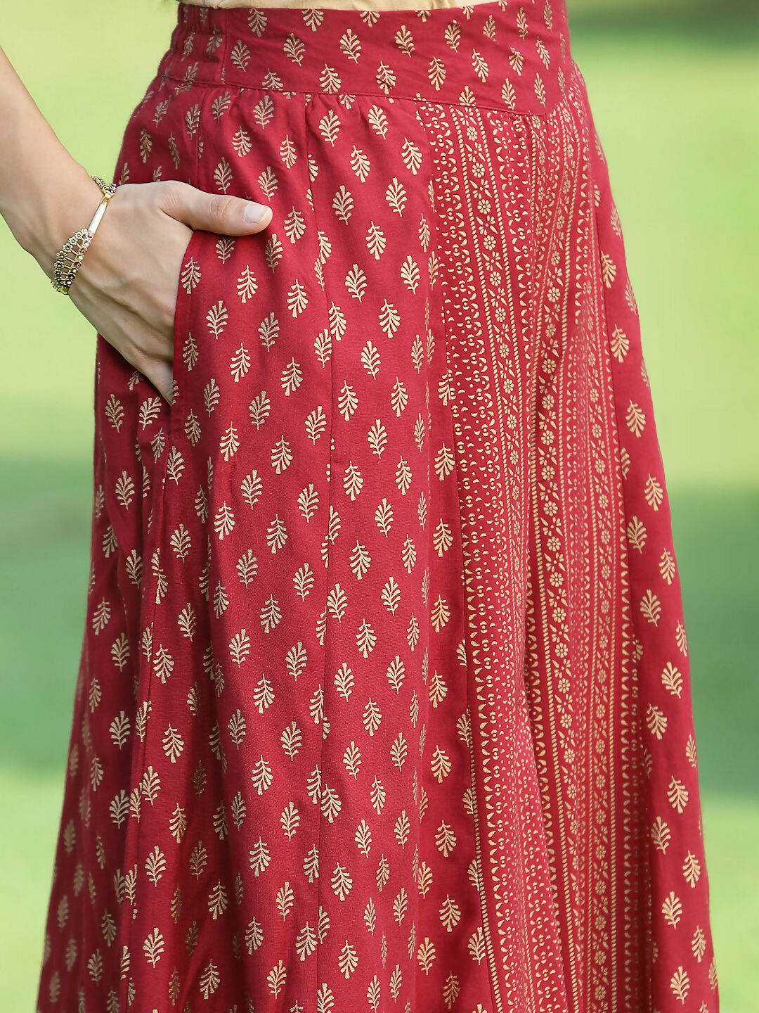 Juniper Jade Green Ethnic Motif Printed Rayon High-Slit Kurta & Palazzo Set With Thread Work Embroidery | Grocsy