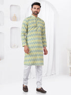 Joban Fashion Men's Rayon Cotton YELLOW Printed Kurta Pyjama set | Grocsy
