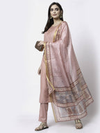 Myshka Women Peach Silk Blend Embroidered 3/4 Sleeve Round Neck Kurta Pant Dupatta Set | Grocsy