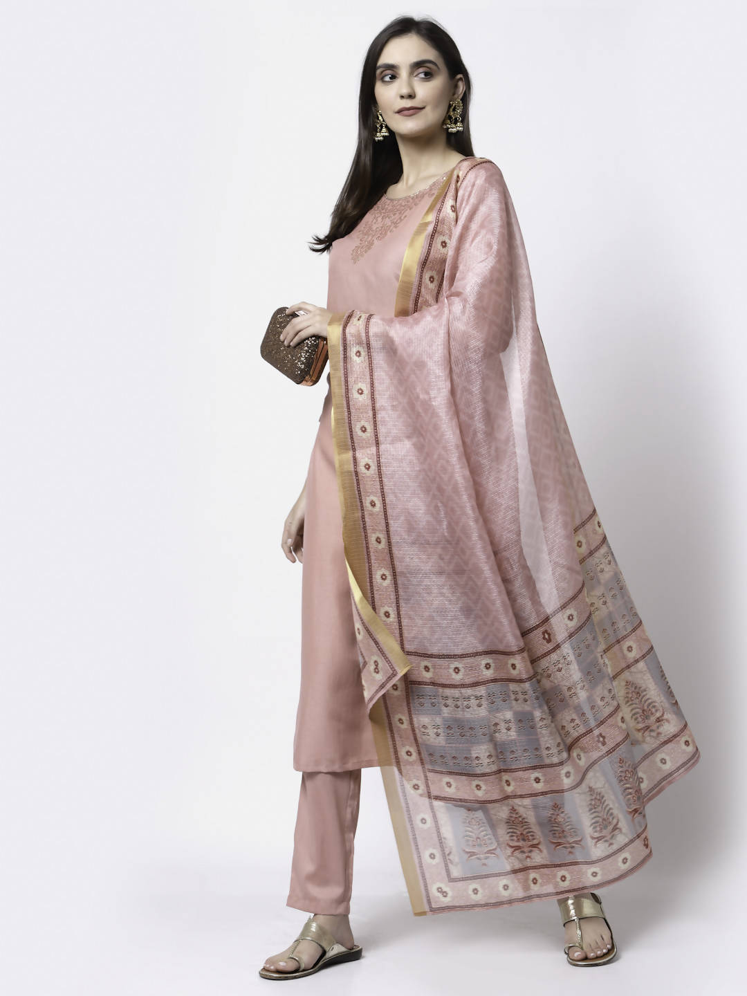 Myshka Women Peach Silk Blend Embroidered 3/4 Sleeve Round Neck Kurta Pant Dupatta Set | Grocsy
