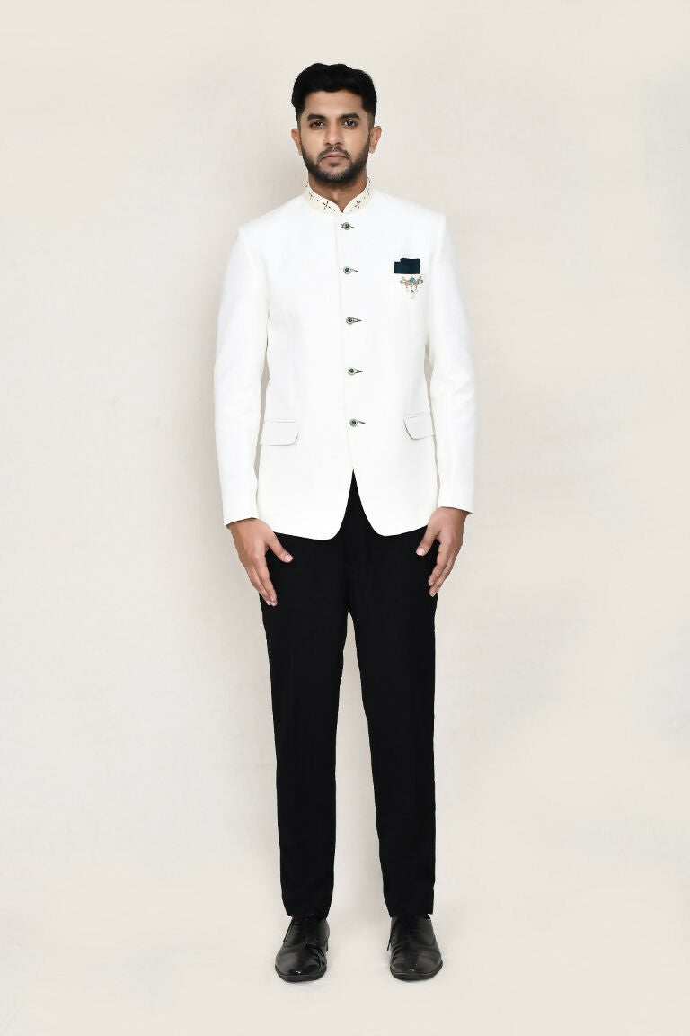 Joban Fashion White Colored Cotton Linen With Neck Embroidery Work Fabric Prince Coat, Pocket Square With Pant | Grocsy