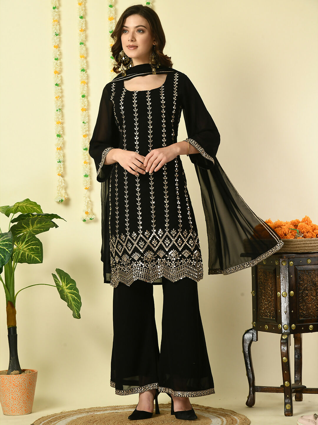 Myshka Women's Black Georgette Kurta & Palazzos With Dupatta Party Sets | Grocsy