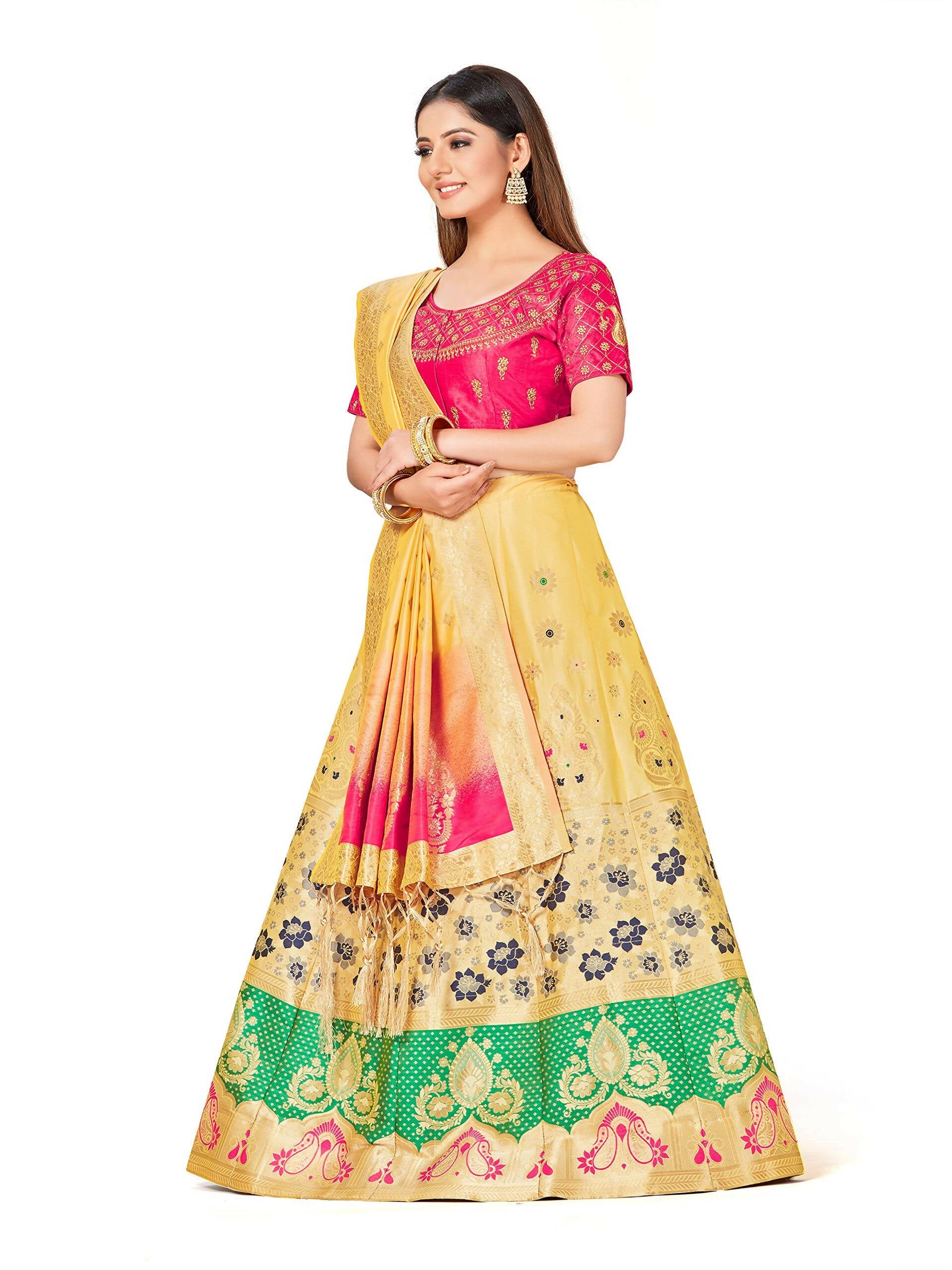 Mimosa Women's Semi-Stitched Art Silk Yellow Lehenga Choli with Dupatta | Grocsy