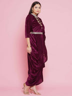 Women Republic Burgundy Velvet Kurta With Attached Neckalace,Belt And Pant | Grocsy