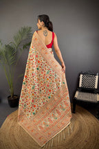 Elora Cream Pashmina Silk Meenakari Weaving Madhubani Design Kashmiri Saree | Grocsy