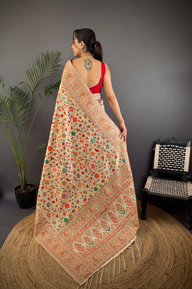 Elora Cream Pashmina Silk Meenakari Weaving Madhubani Design Kashmiri Saree | Grocsy