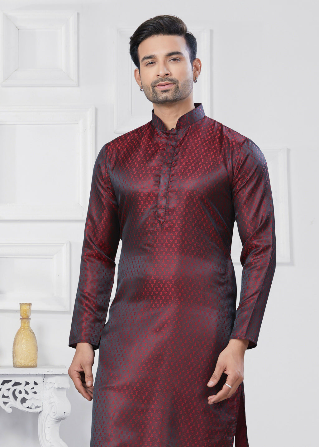Joban Fashion Men's Jacquard Silk Marron Printed Kurta Pyjama set | Grocsy