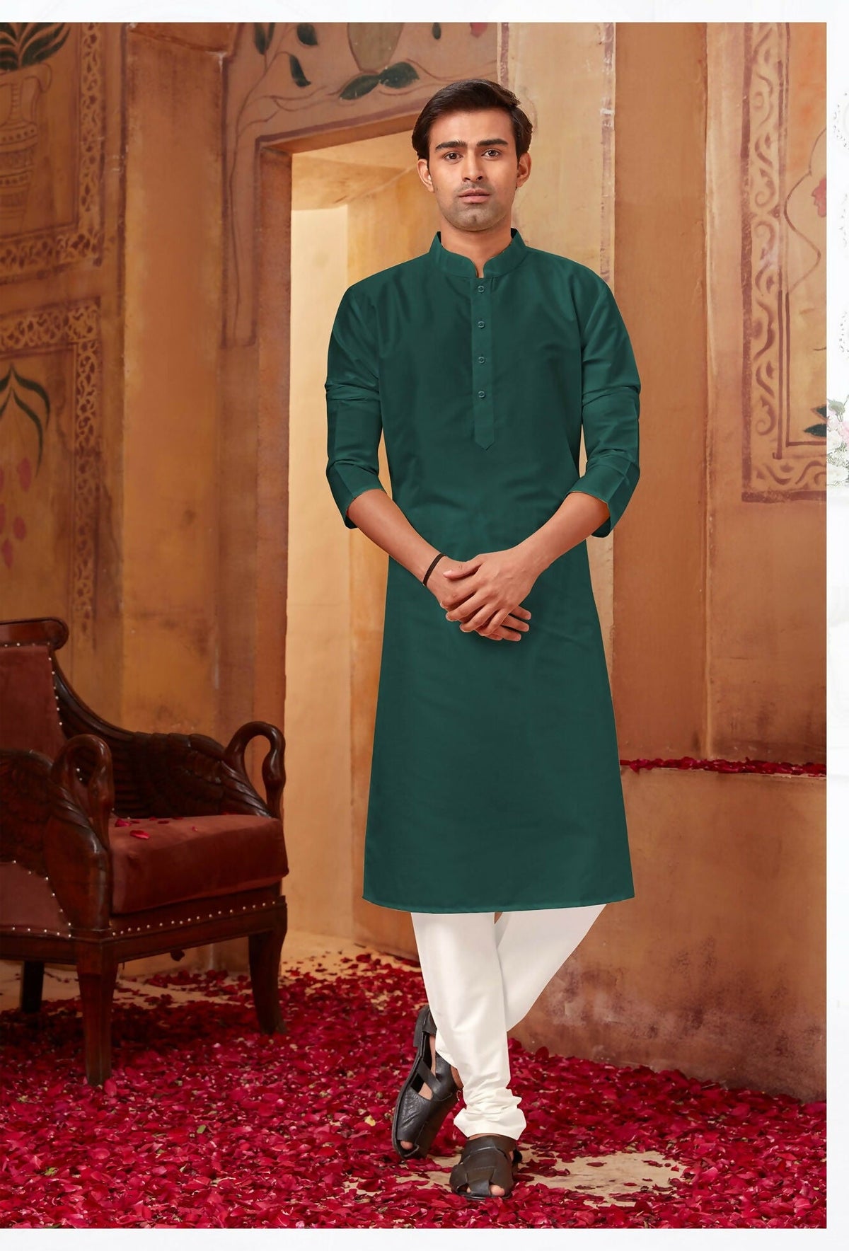 Joban Fashion Bottle Green Art Silk Kurta Pyjama | Grocsy