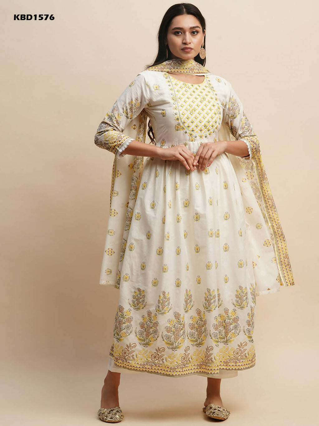 White And Yellow Pure Cotton Floral Printed Anarkali Kurta And Bottom With Dupatta - Akashara | Grocsy