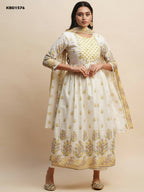White And Yellow Pure Cotton Floral Printed Anarkali Kurta And Bottom With Dupatta - Akashara | Grocsy