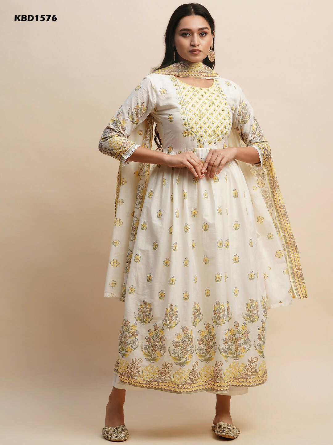 White And Yellow Pure Cotton Floral Printed Anarkali Kurta And Bottom With Dupatta - Akashara | Grocsy