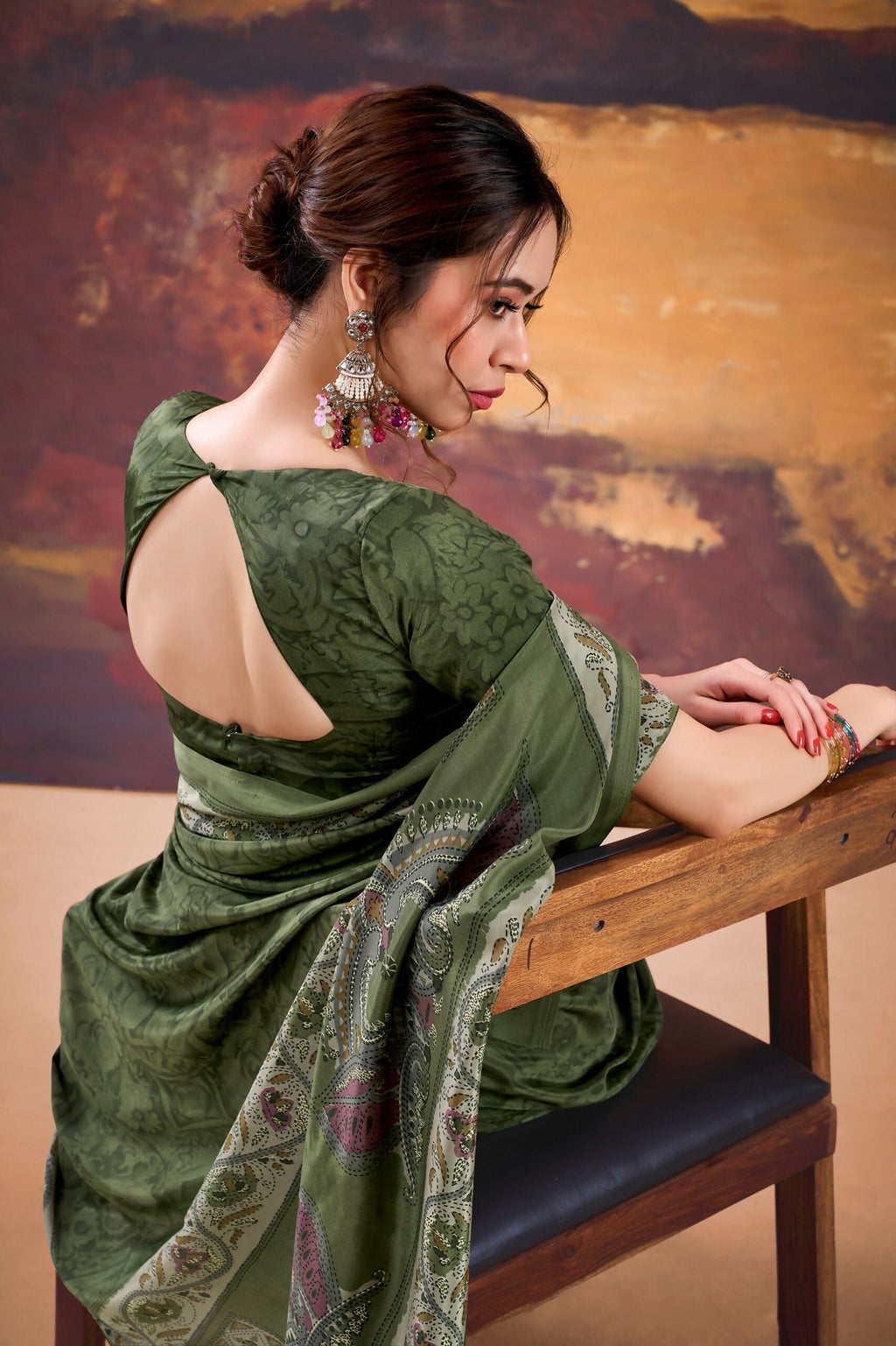 Vastranavya Mehendi Crepe Printed Saree with Unstitched Blouse | Grocsy