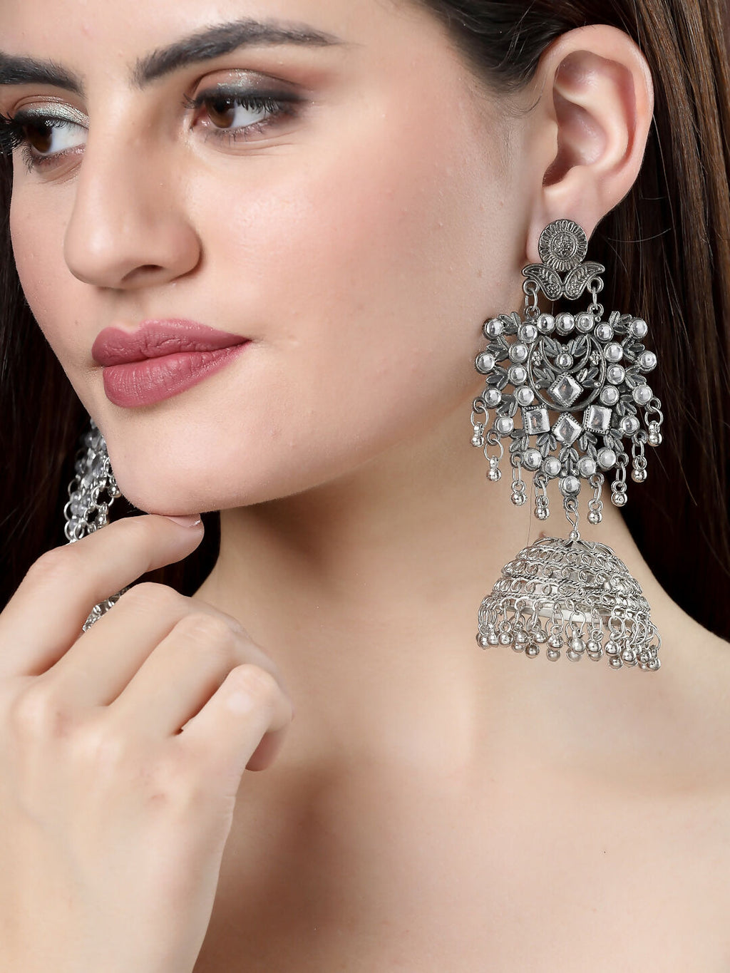 NVR Women's Silver-Plated Oxidised Artificial Stones Dome Shaped Jhumka Earrings | Grocsy