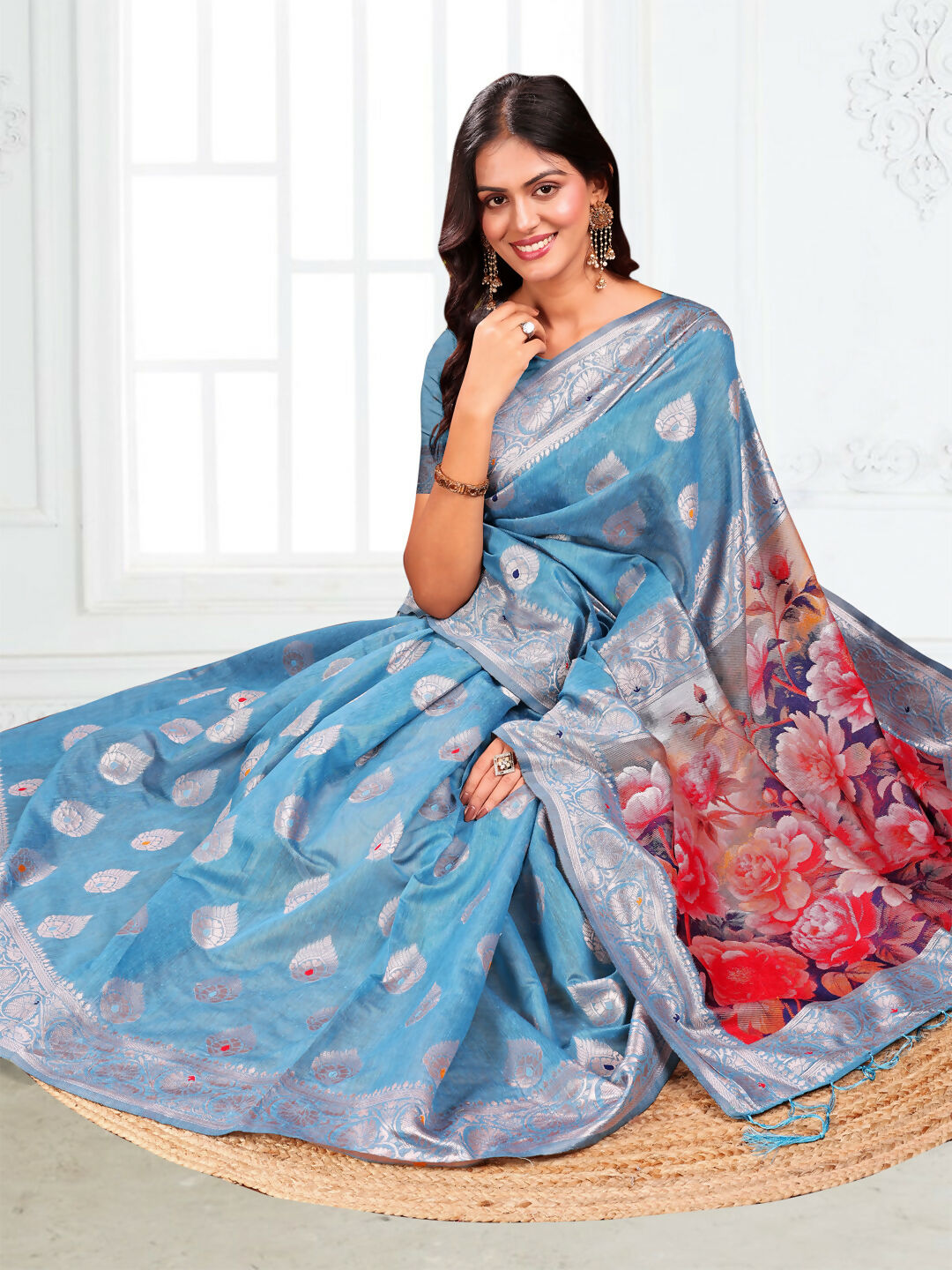 Shree Shyam Fashion Linen Cotton Sky Blue Saree | Grocsy