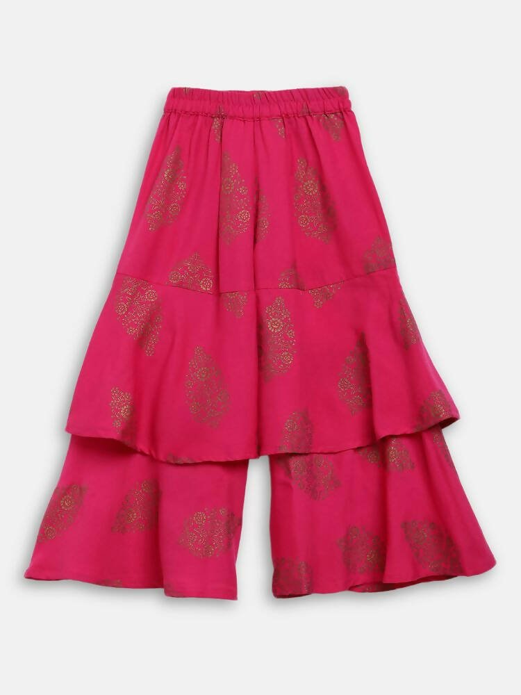 Ahalyaa Pink Rayon Printed Kids Kurta Sharara Set For Girls | Grocsy