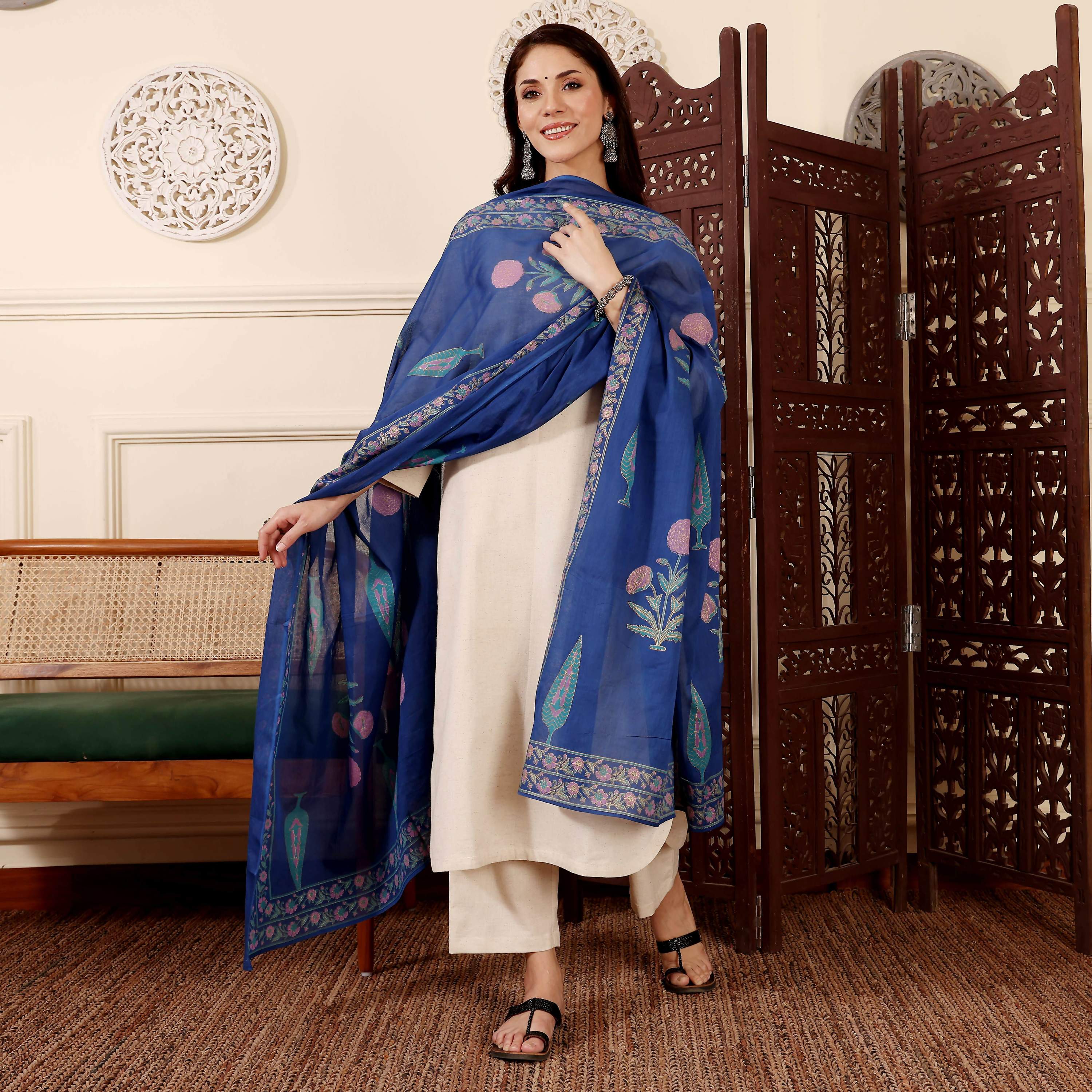 The52 Women's Gorgeous Solid Chanderi Silk Fabric Straight Kurta Pant and Dupatta Set | Grocsy