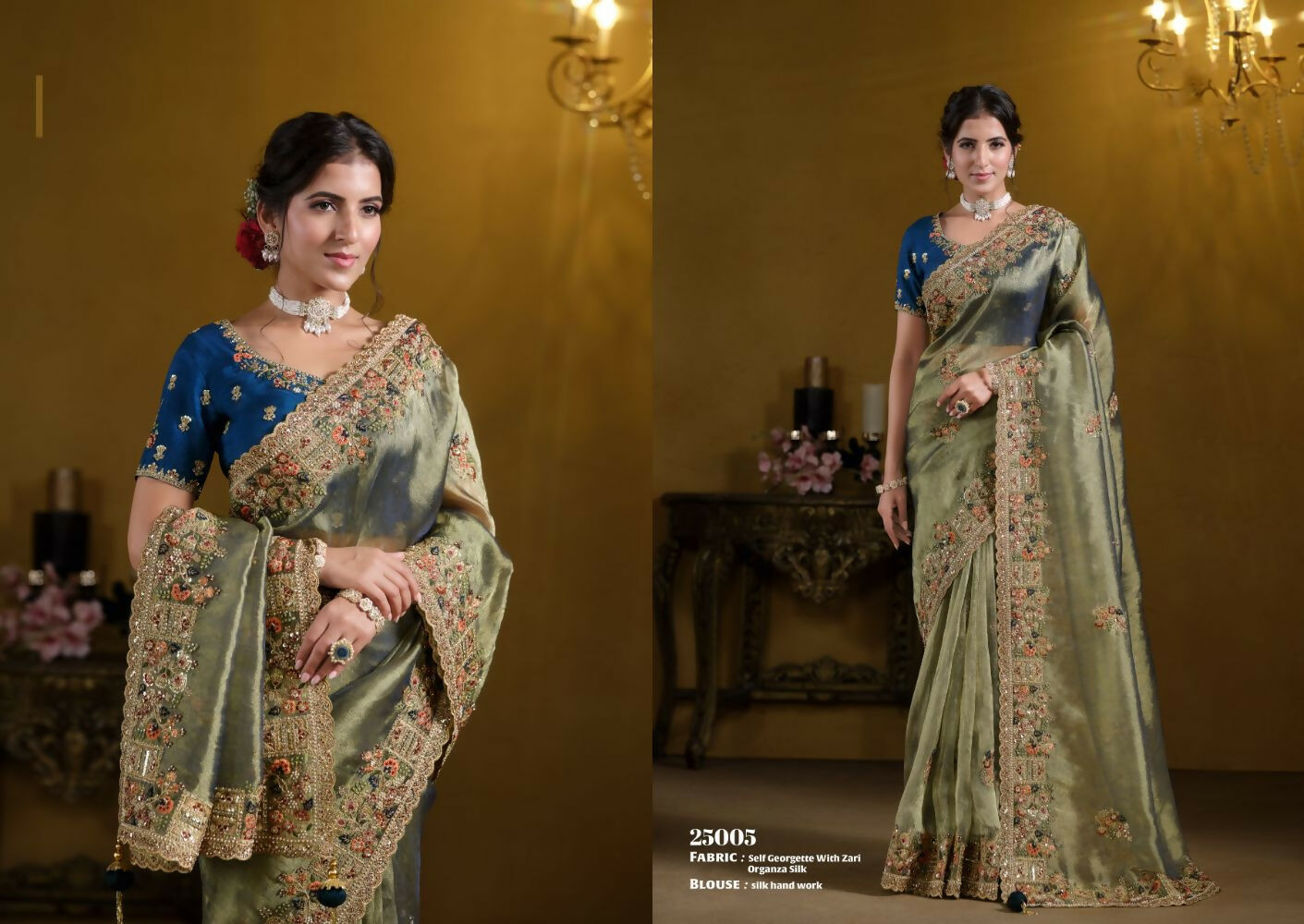 Green Pure Georgette Pure Khatli work Designer Saree With Blouse. - Rajasvi | Grocsy