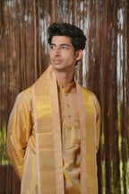 Gold Mirage Kanjivaram Machien Embroidered Pattu Set by Hilo Design | Grocsy