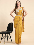 Yellow Lycra Solid Ready to wear Saree with stitched Blouse - Vanita | Grocsy