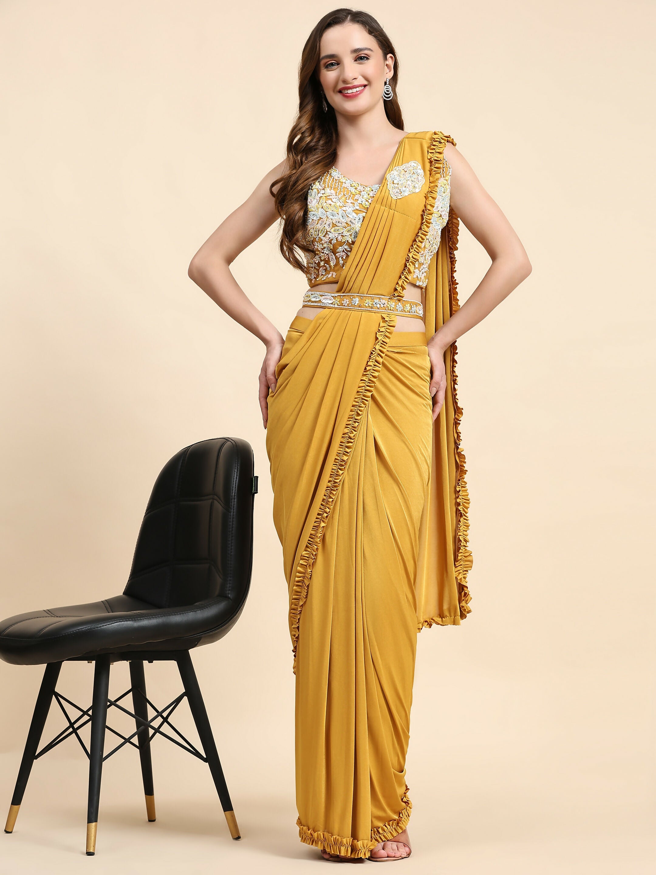 Yellow Lycra Solid Ready to wear Saree with stitched Blouse - Vanita | Grocsy