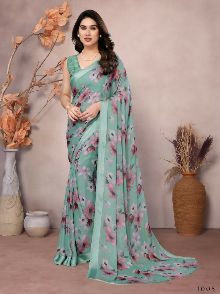 Designer Partywear Teal Bright Moss Satin Patta Fancy Saree - Kanak | Grocsy