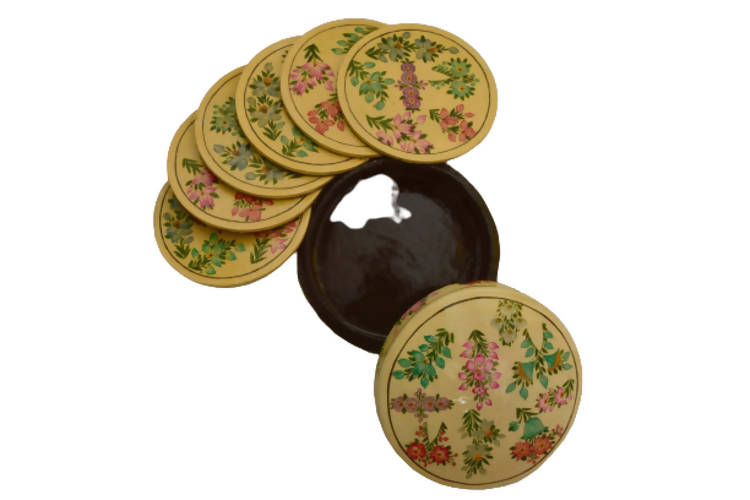 Nizalia Floral Motif Embossed Cream Paper Mache Round Coasters - Limited Time Offer | Grocsy