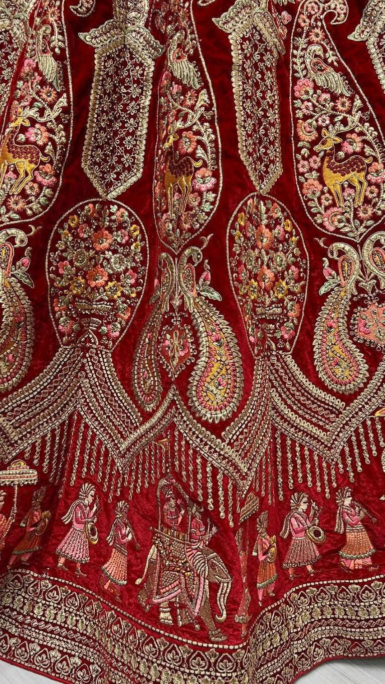 Jyoti Fashion Women's Red Velvet Multi Thread Embroidered with Zircon Diamond Work Wedding Lehenga Choli | Grocsy
