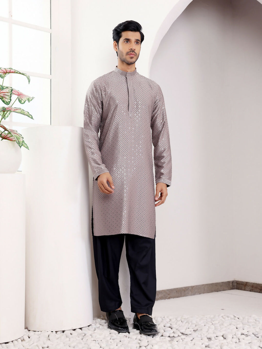 Grey Viscose Designer Chikankari Embroidery Work Men's Kurta - Mahotsav | Grocsy