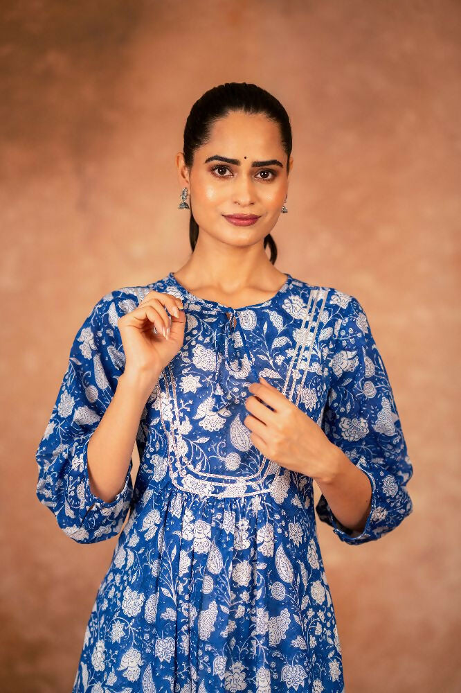 Joban Fashion Blue Floral Hand Block Printed Cotton Kurta Pant Set | Grocsy