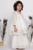 Little Bansi Girls Cotton Floral Embroidery & Lacework Kurta with Sharara & Dupatta - White | Grocsy