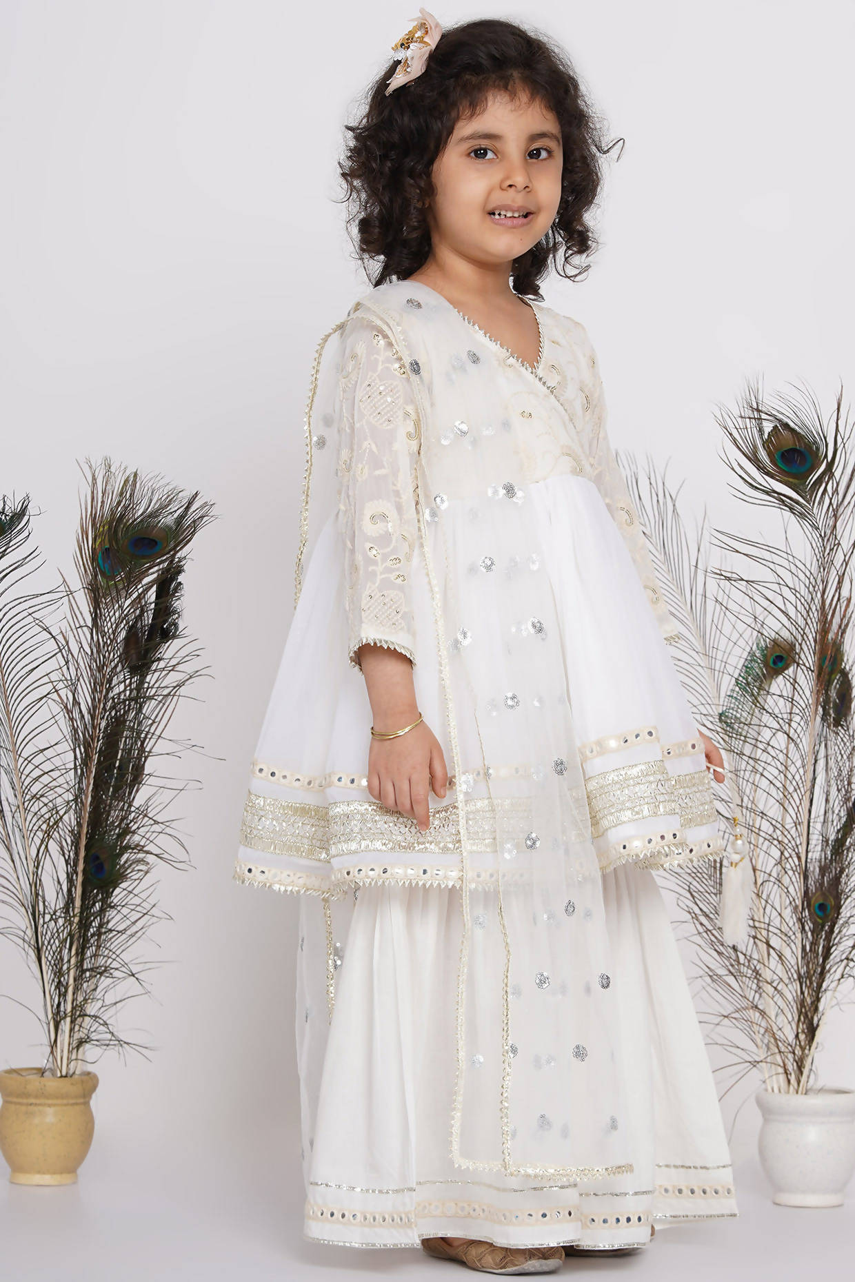 Little Bansi Girls Cotton Floral Embroidery & Lacework Kurta with Sharara & Dupatta - White | Grocsy