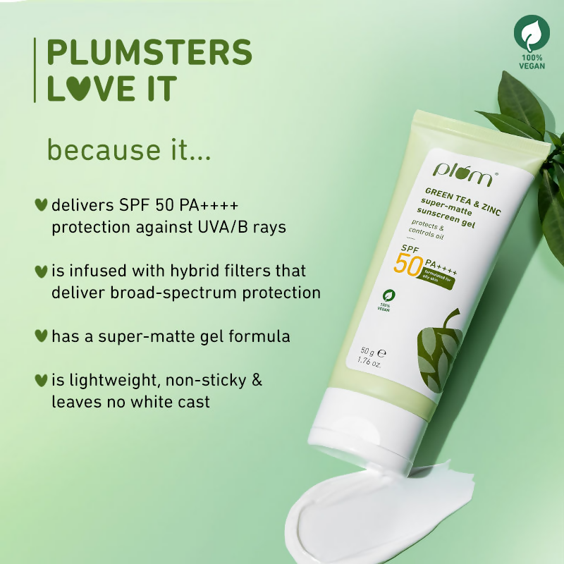 Plum Green Tea & Zinc Super-Matte Sunscreen Gel SPF 50 PA ++++ | Grocsy