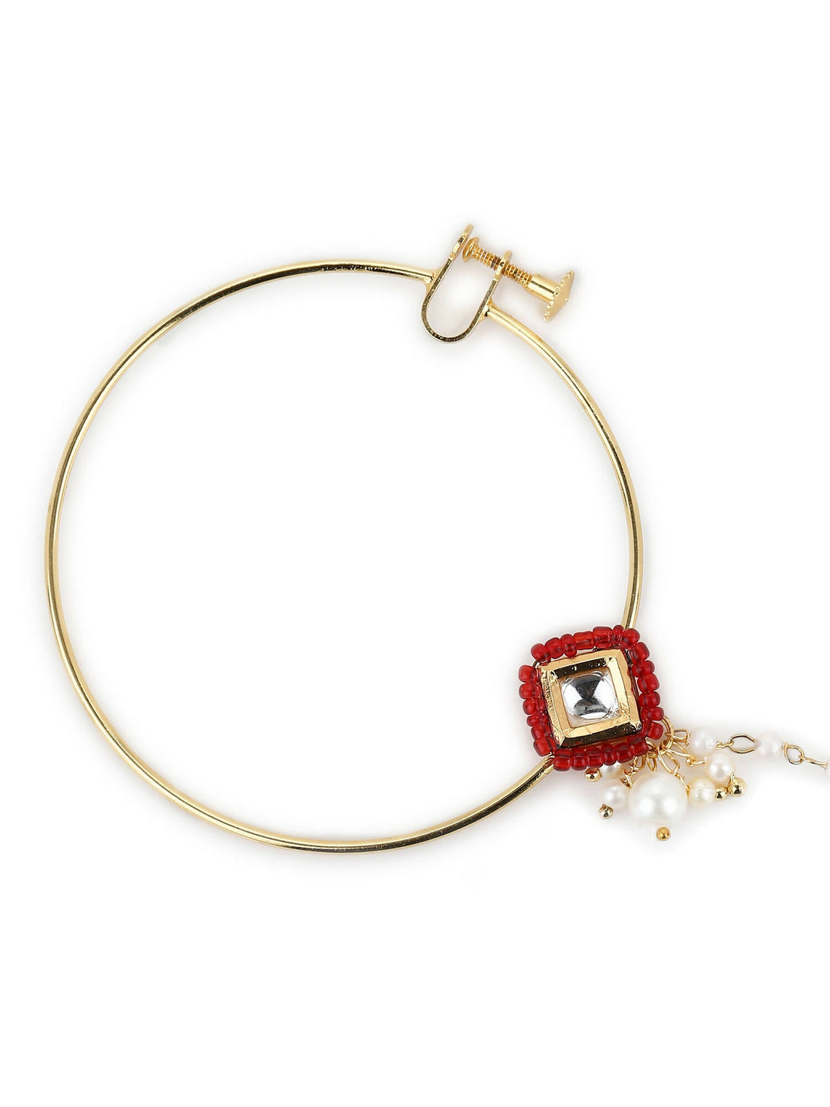 White Red Gold-Polished Kundan-Studded Beaded Nosepin - Ruby Raang | Grocsy