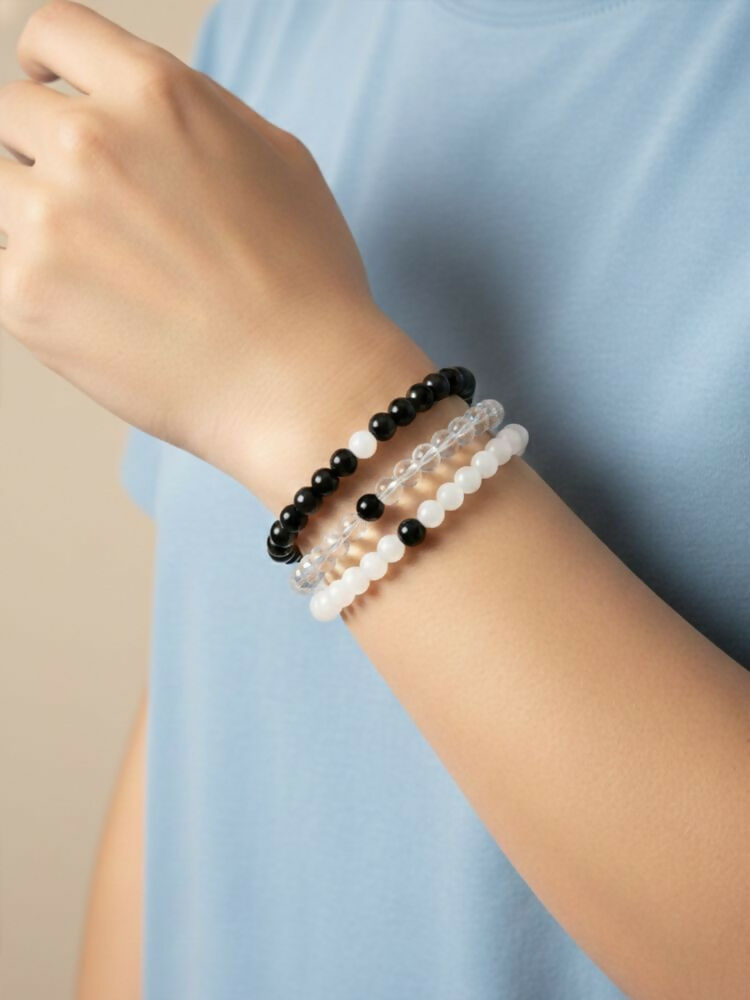 NVR Set of 3 Black & White crystal beaded Bracelet for Men & Women | Grocsy