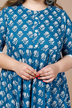 Miravan Women's Plus Size Blue & White Ethnic Motifs Printed Cotton Anarkali Kurta | Grocsy