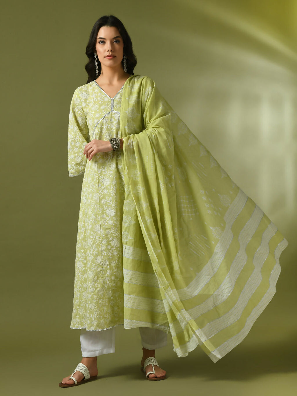 Myshka Women's Lime Green Printed Cotton Anarkali Party Kurta Set With Dupatta | Grocsy