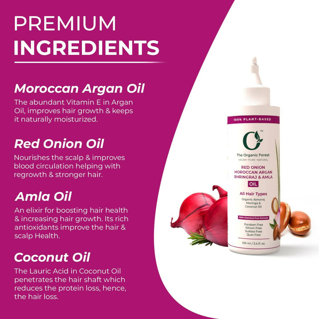 The Organic Forest Red Onion, Moroccan Argan, Bhringraj & Amla Hair Oil | Grocsy