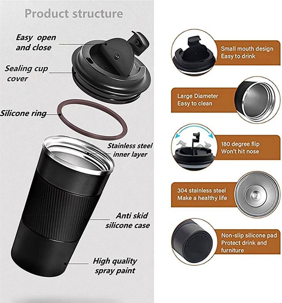 Wosta Insulated Travel Coffee Mug Tumbler 2.0 - 510ml (Black) | Grocsy