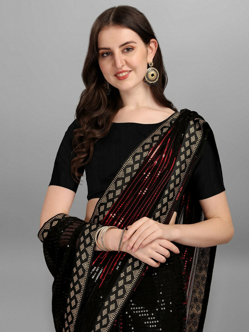 Vegaa Fashion Black Georgette Embroidered Party Wear Saree | Grocsy