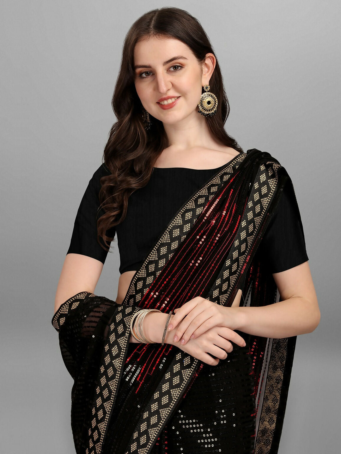 Vegaa Fashion Black Georgette Embroidered Party Wear Saree | Grocsy