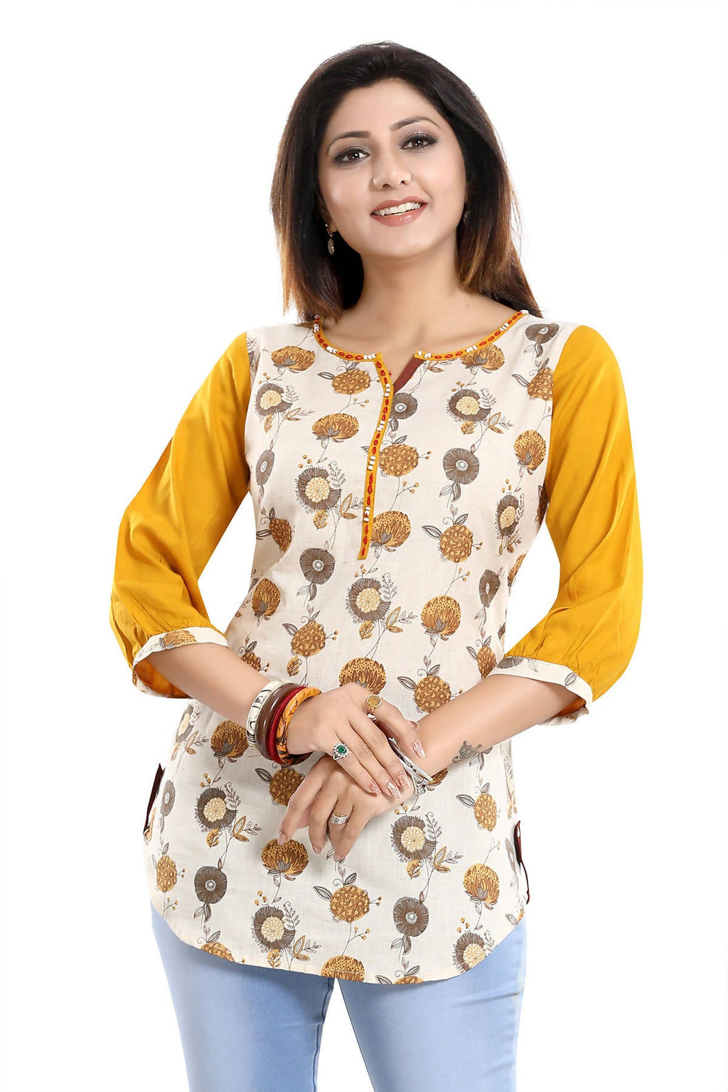 Snehal Creations Cream Cotton Printed Apple-Cut Short Tunic | Grocsy